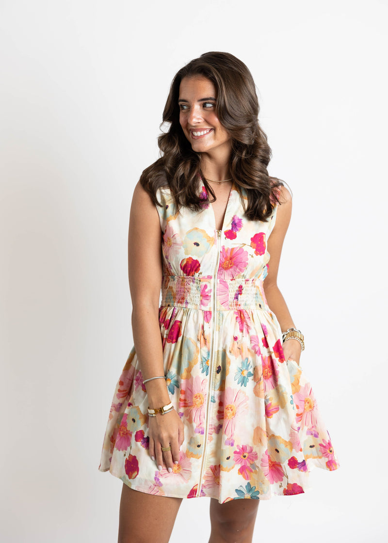 Summer Floral Zipper Mini Dress: Large