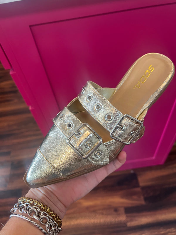 Gold Buckle Strap Mule