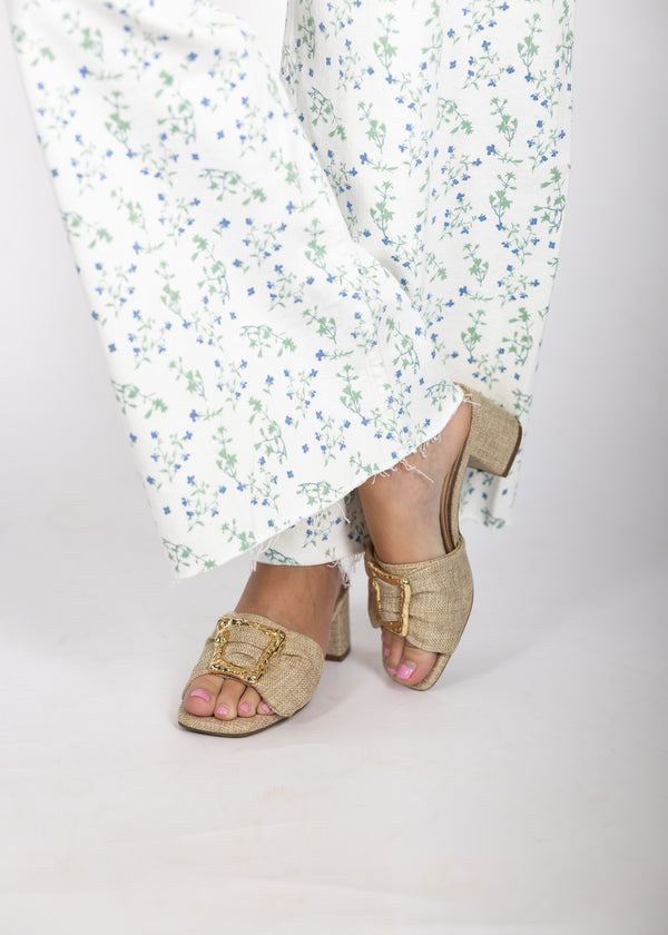 Gold Buckle Linen Heel