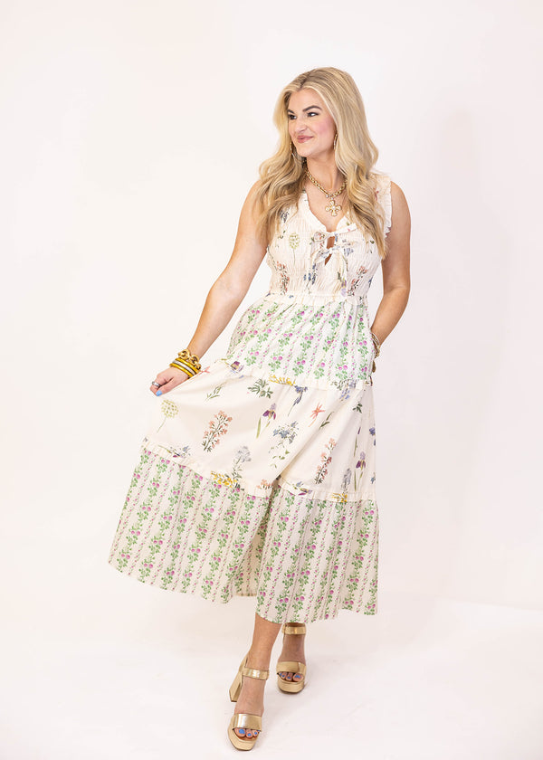 Cream Floral Midi Dress