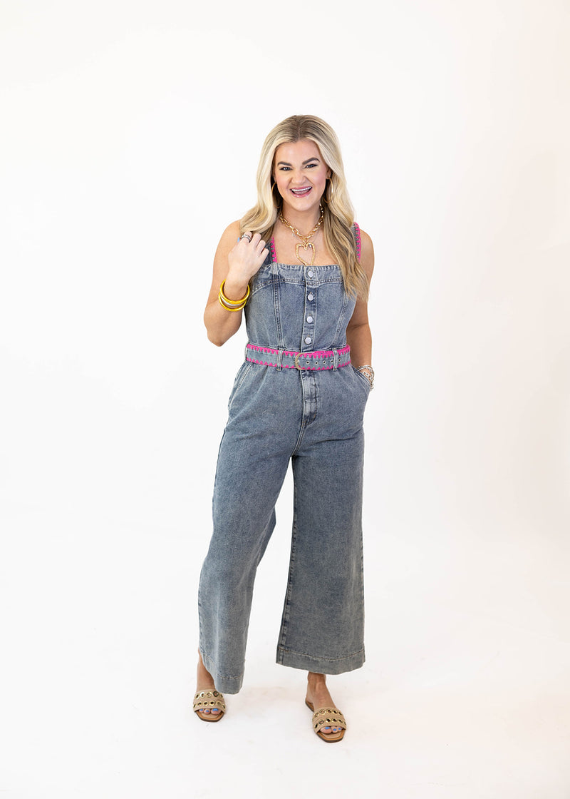 Pink Trim Denim Jumpsuit