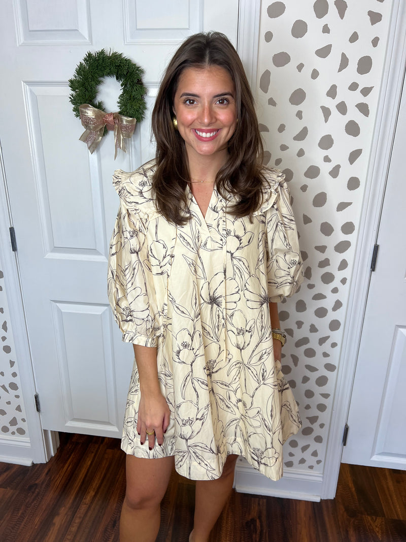 Grey Floral Print Cream Dress