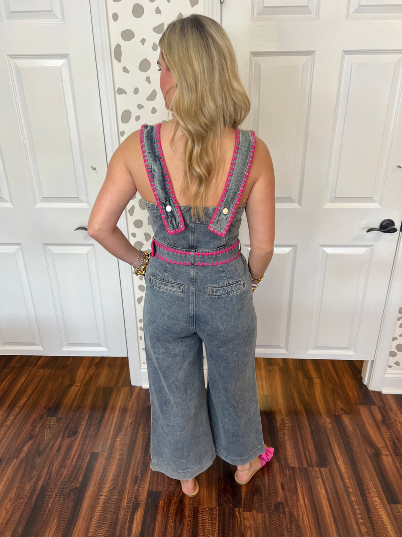 Pink Trim Denim Jumpsuit