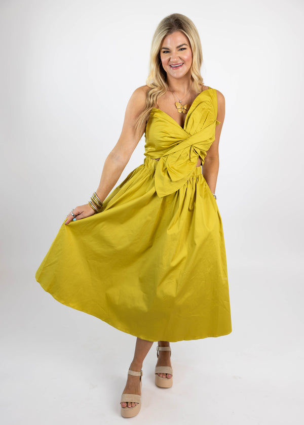 Chartreuse Knot Twist Midi Dress