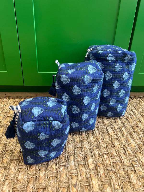 Blue Block Print Cosmetic Bag