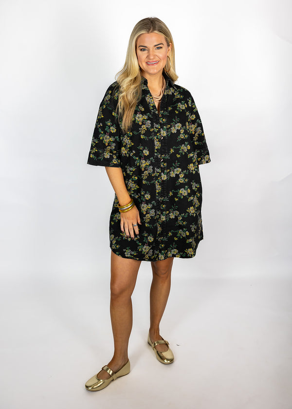 Black Floral Denim Mini Dress