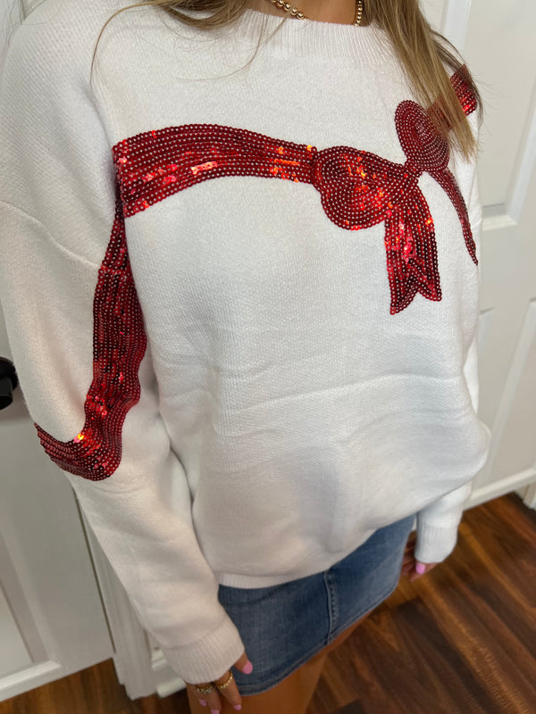 Red Sequin Bow Sweater