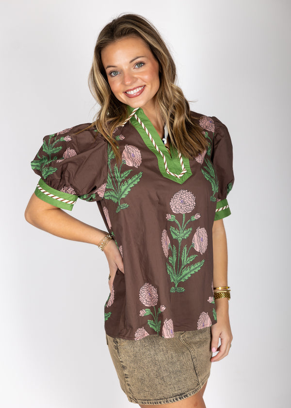Green and Brown Floral Top