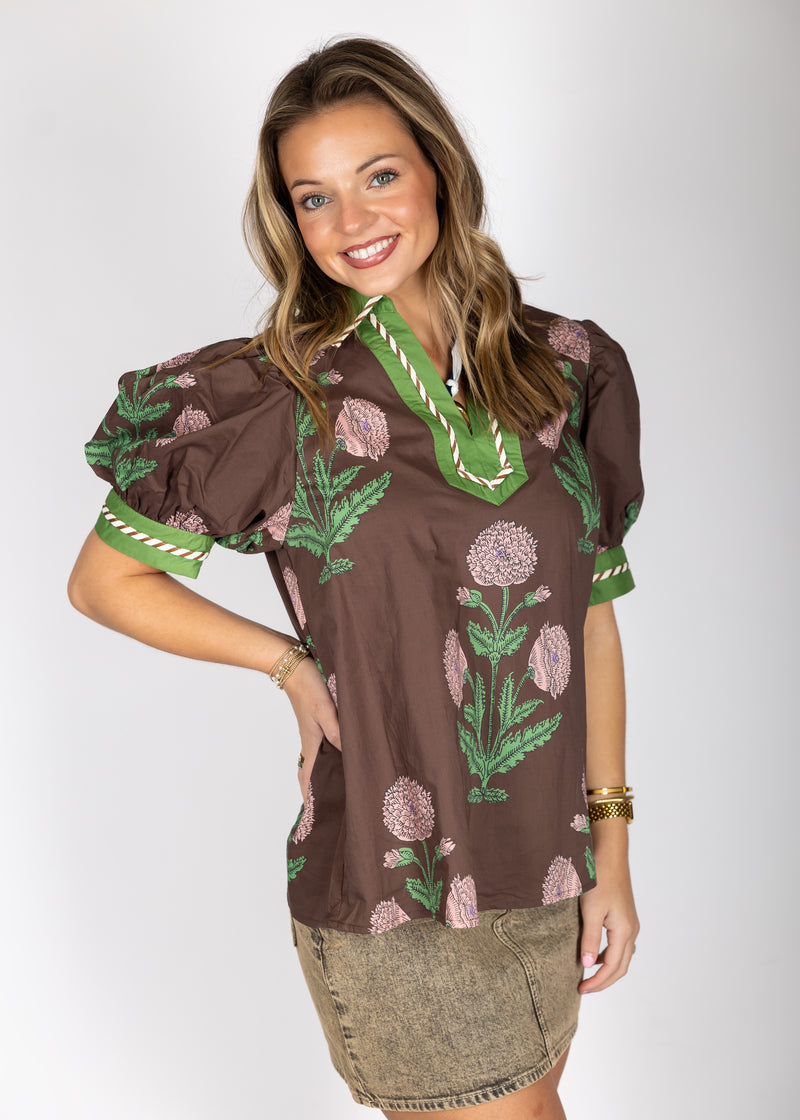 Green and Brown Floral Top