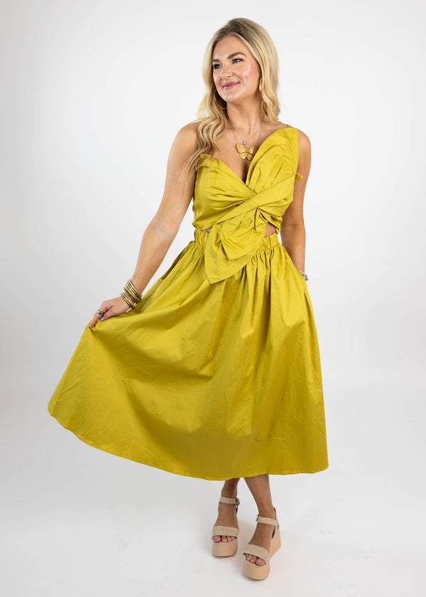 Chartreuse Knot Twist Midi Dress