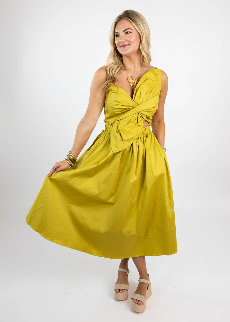 Chartreuse Knot Twist Midi Dress