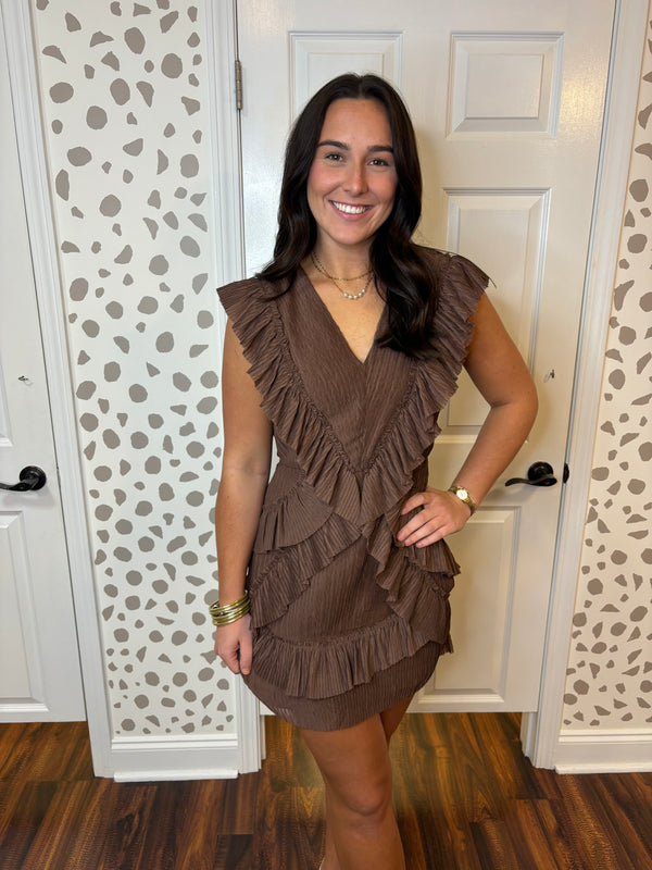 Brown Ruffle Mini Dress