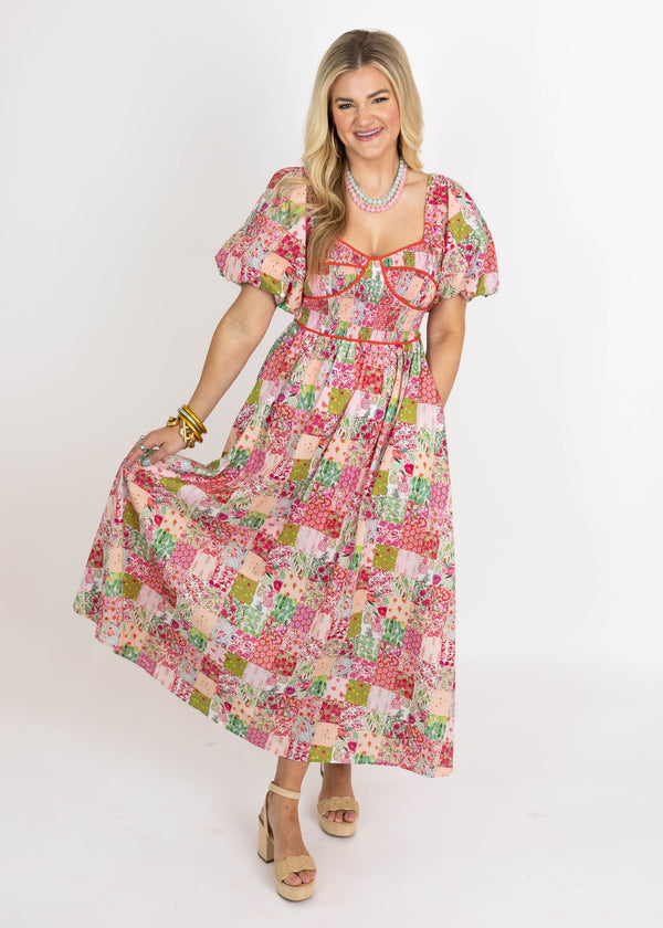 Pink Patchwork Midi Dress