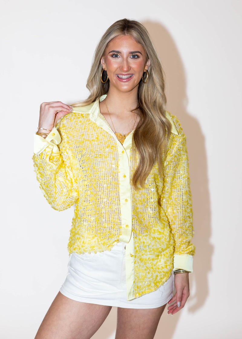 Yellow Sequin Button Down Top