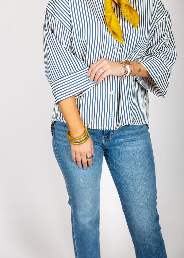 Navy Stripe Button Down Top