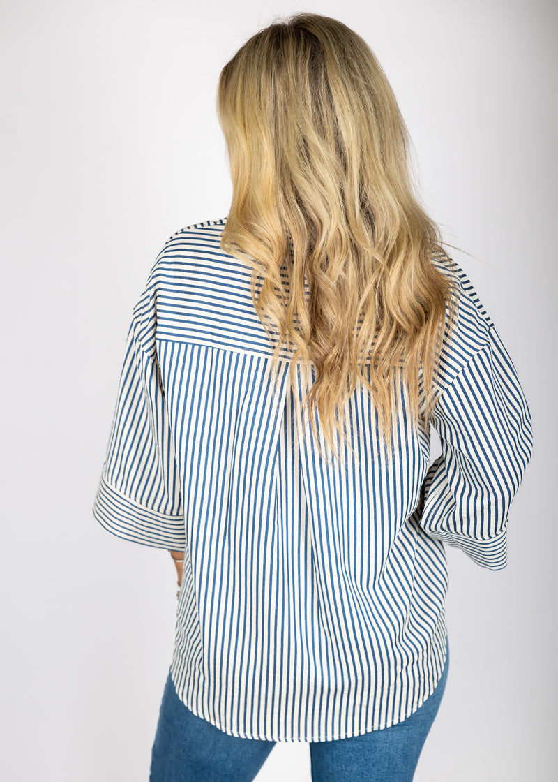 Navy Stripe Button Down Top