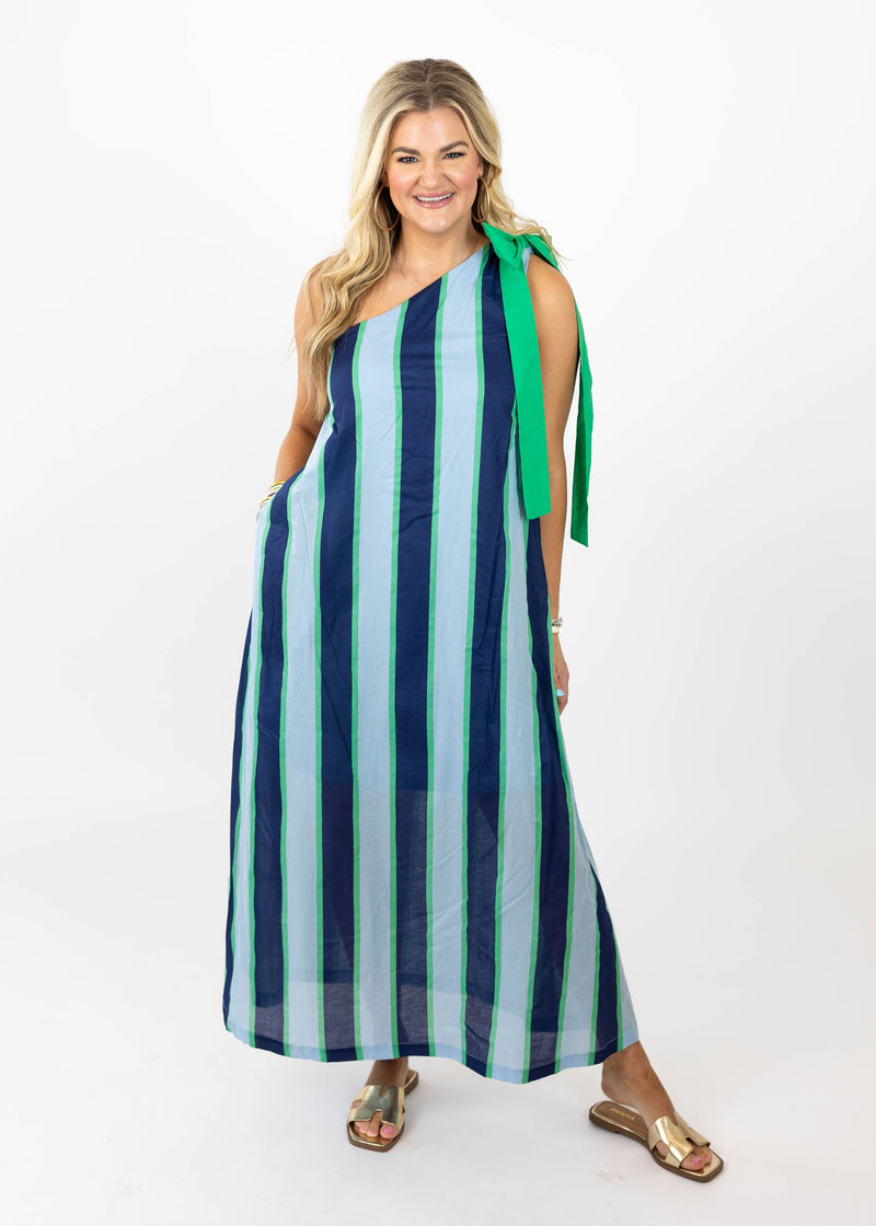 Navy & Kelly Stripe One Shoulder Dress