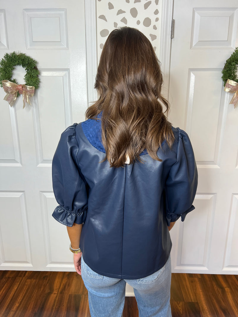 Checkered Navy Leather Top