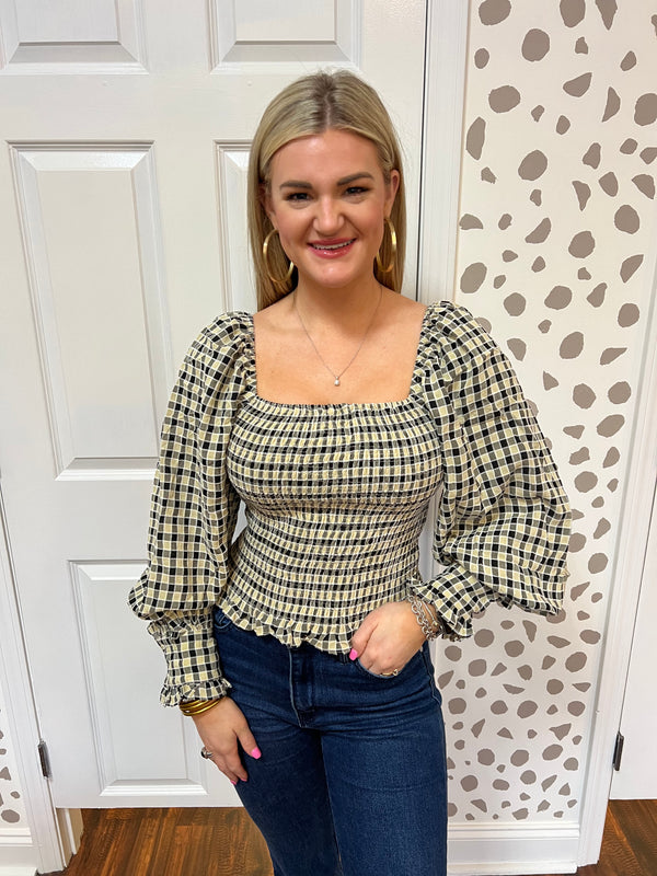 Smocked Check Puff Sleeve Top