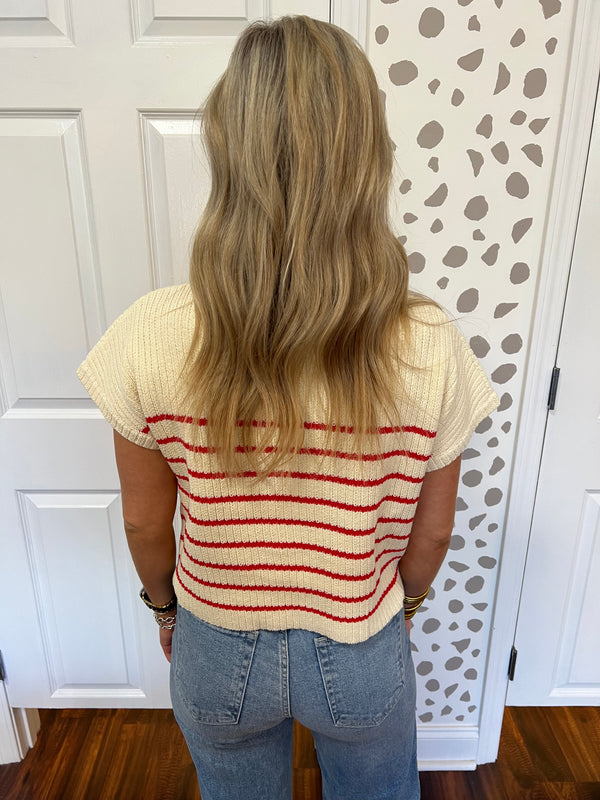 Red/Cream Stripe Short Sleeve Sweater