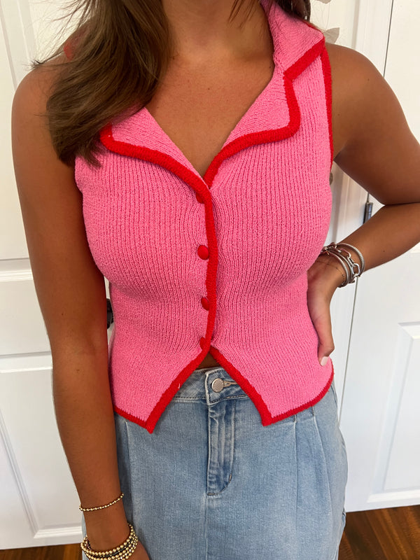 Pink/Red Sleeveless Sweater Top