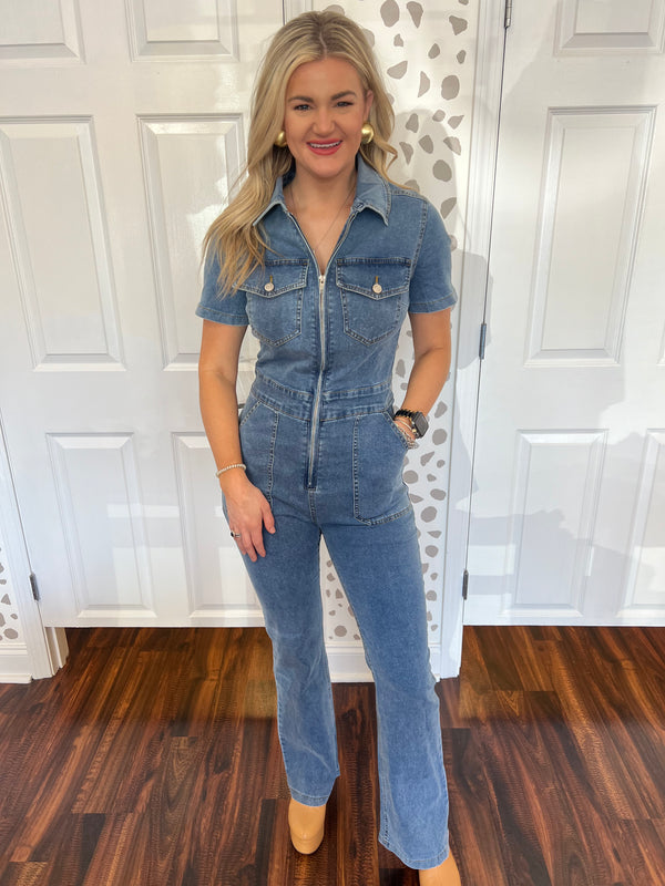 Short Sleeve Denim Jumpsuit