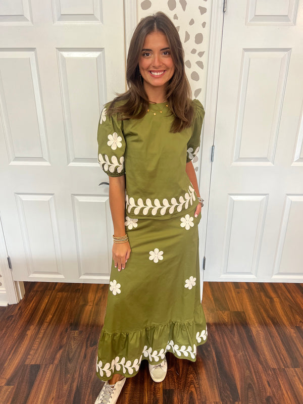 Olive Embroidered Midi Skirt