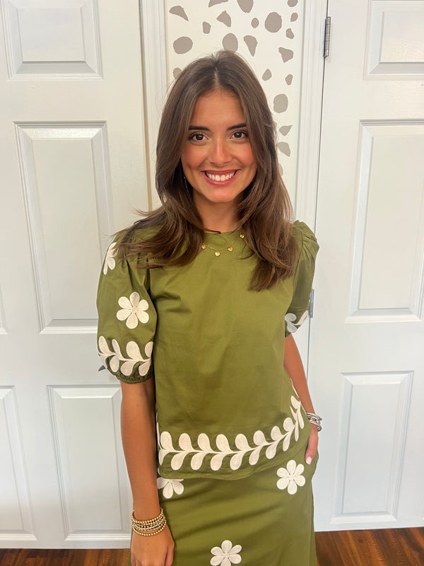 Olive Embroidered Puff Sleeve Top