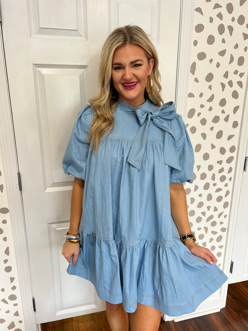 Denim Babydoll Bow Dress