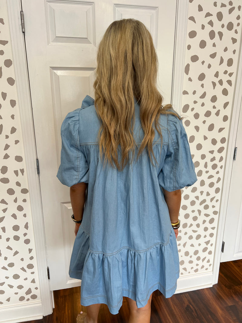 Denim Babydoll Bow Dress