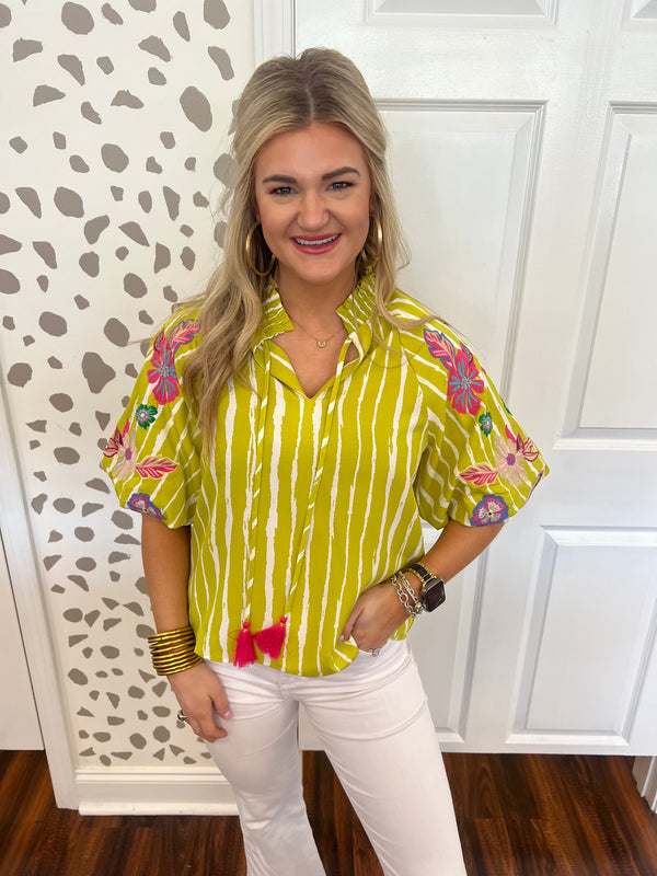 Lime Stripe Embroidered Sleeve Top