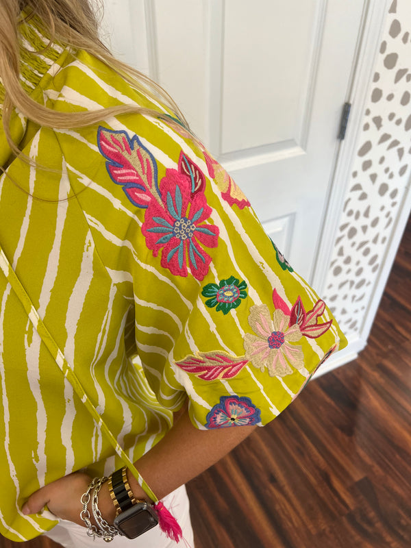 Lime Stripe Embroidered Sleeve Top
