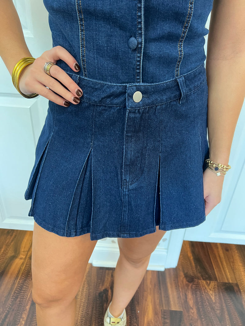 Dark Denim Pleated Mini Skirt