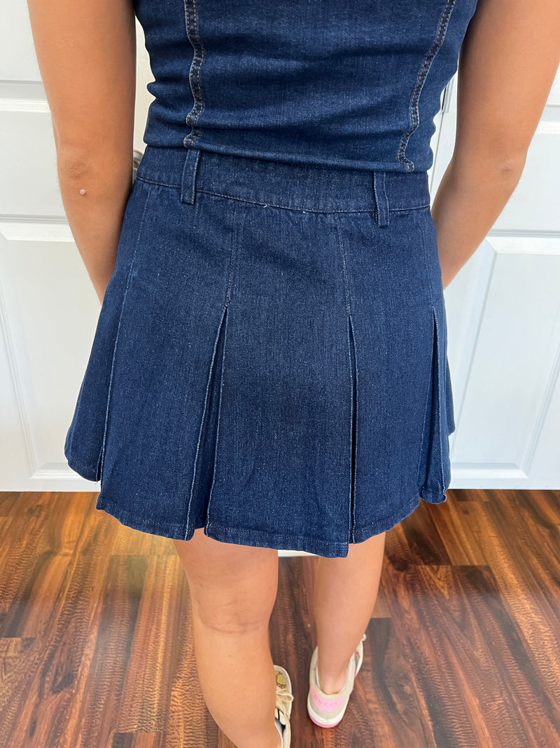 Dark Denim Pleated Mini Skirt