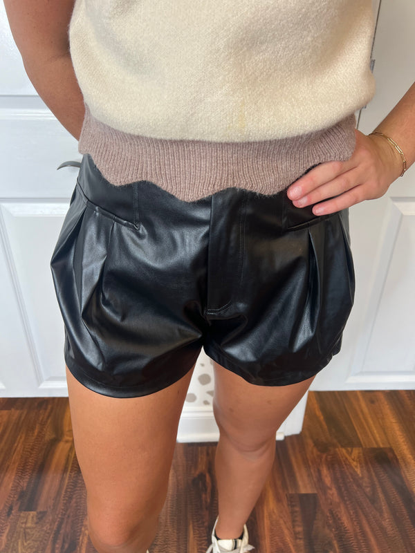 Double Pleat Leather Shorts