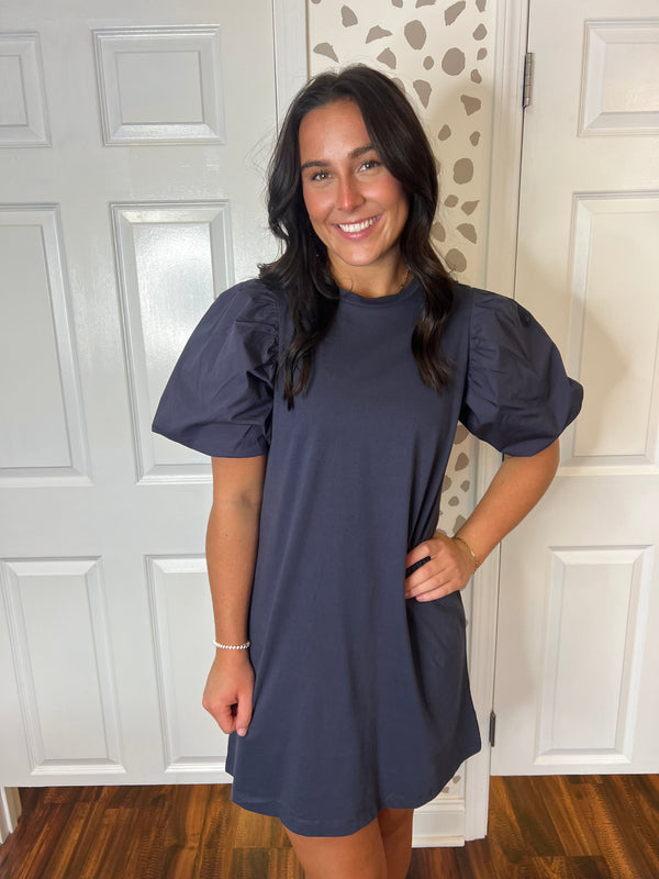 Navy Bubble Sleeve Dress