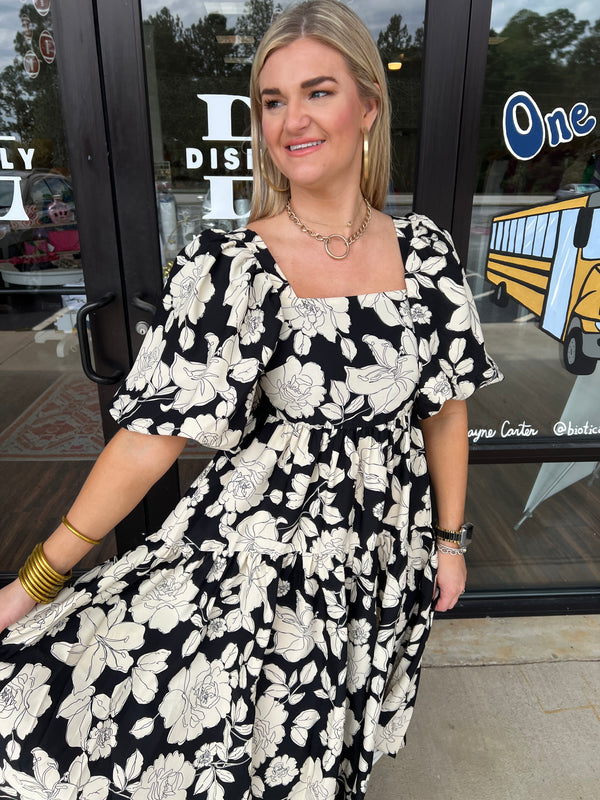 Black/Cream Floral Midi Dress