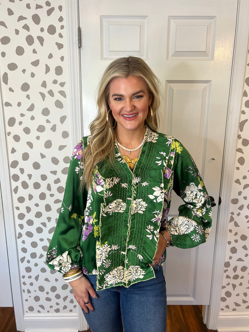 Green Silk Front Ruffle Top