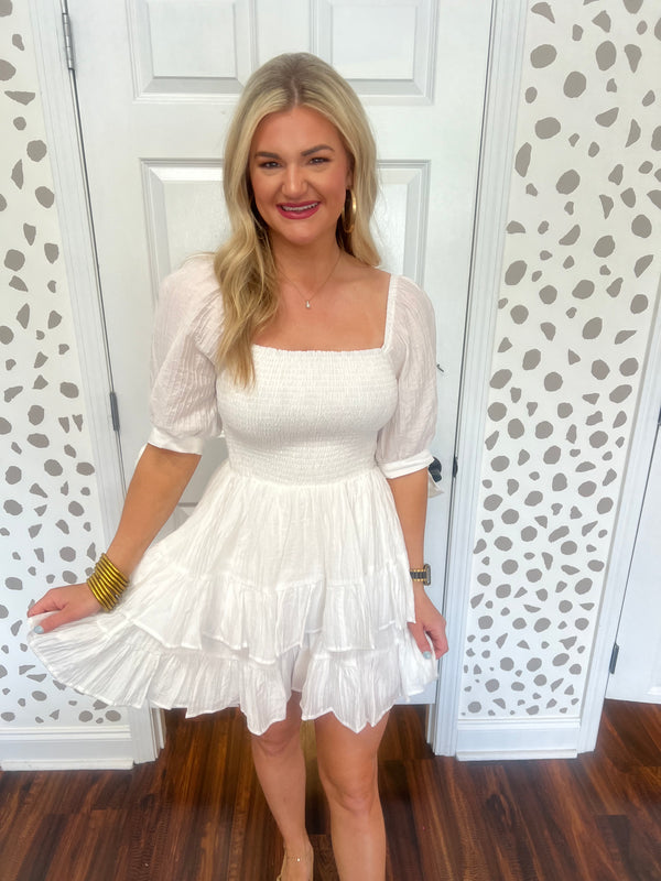 White Smocked Ruffle Skirt Dress
