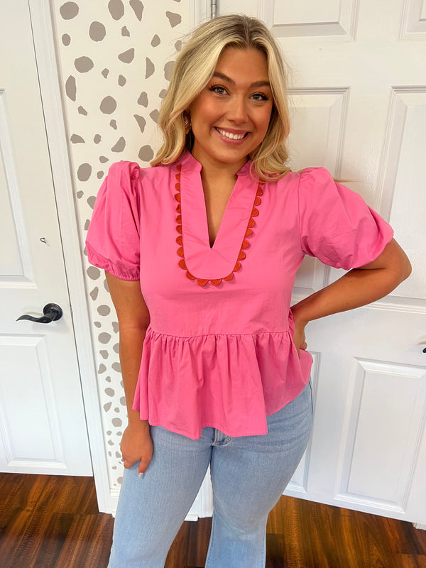 Scalloped Trim Pink Top