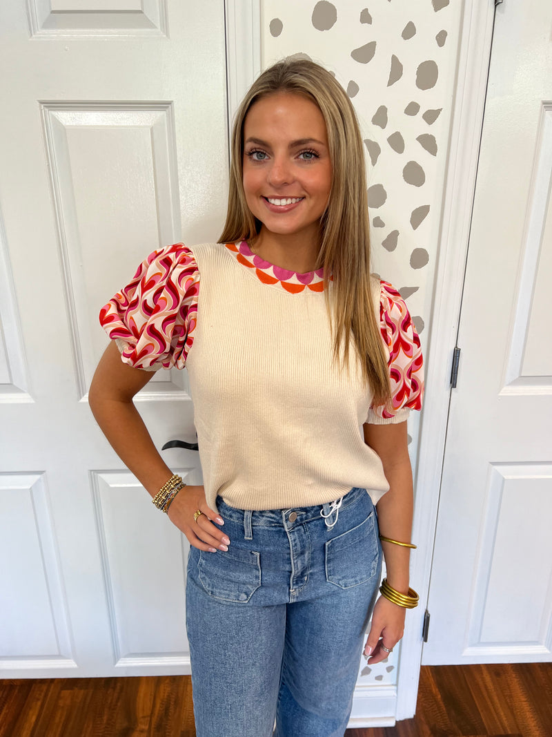 Taupe Scalloped Neck Print Top