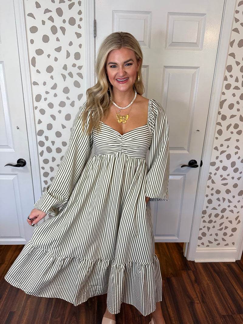 Olive Stripe Balloon Sleeve Dress