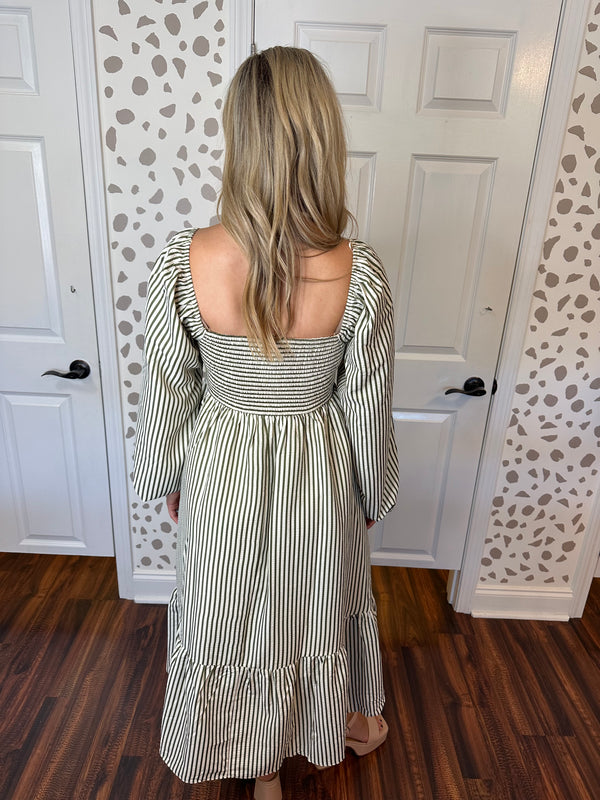 Olive Stripe Balloon Sleeve Dress