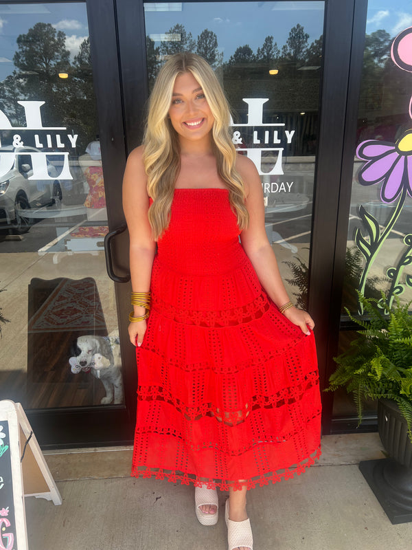 Red Eyelet Tube Dress