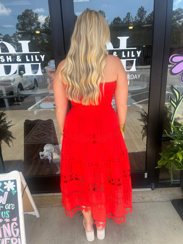 Red Eyelet Tube Dress