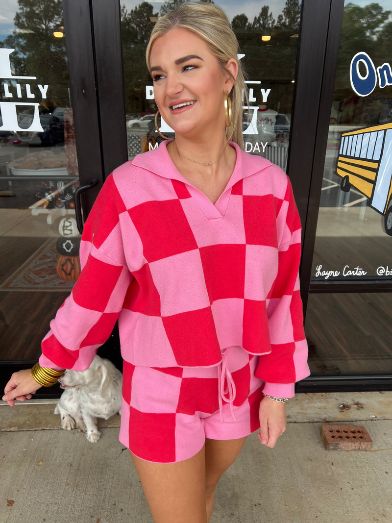 Pink on Pink Knit Checkered Pullover