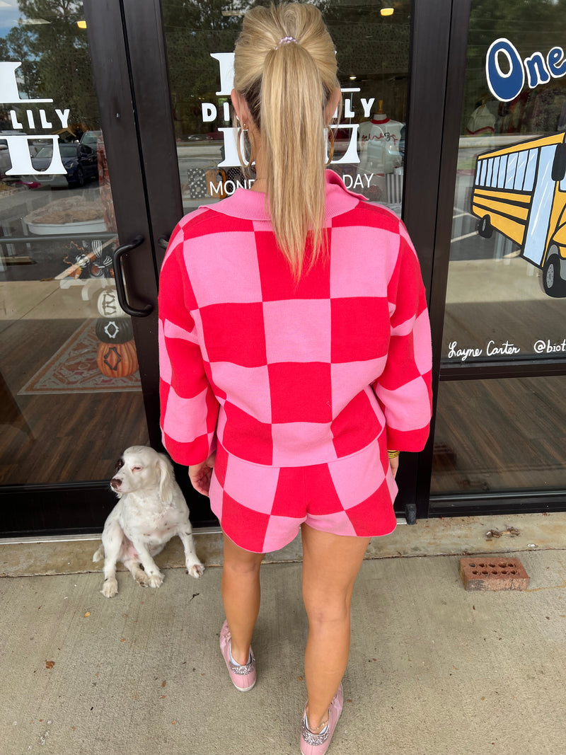 Pink on Pink Knit Checkered Pullover