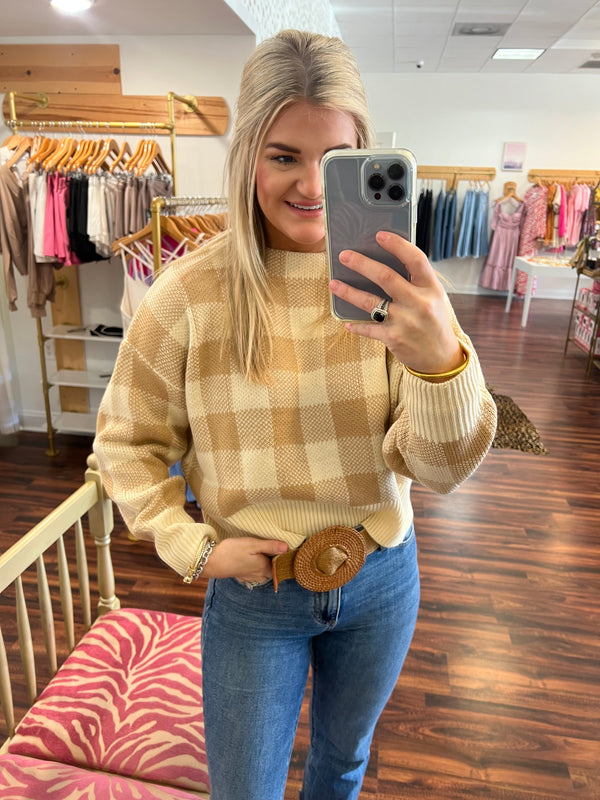Taupe Checked Two Toned Sweater