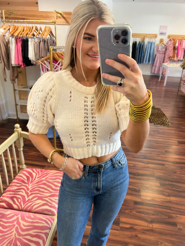 Ivory Pointelle Cropped Sweater