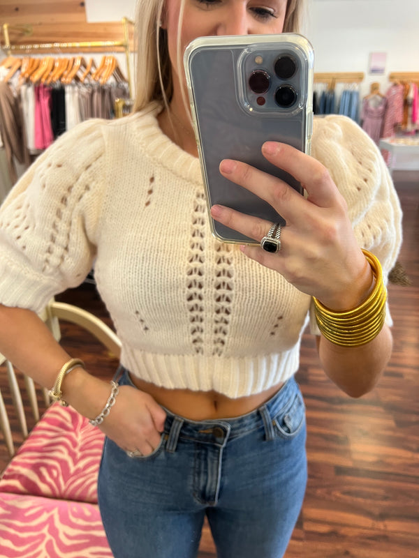 Ivory Pointelle Cropped Sweater
